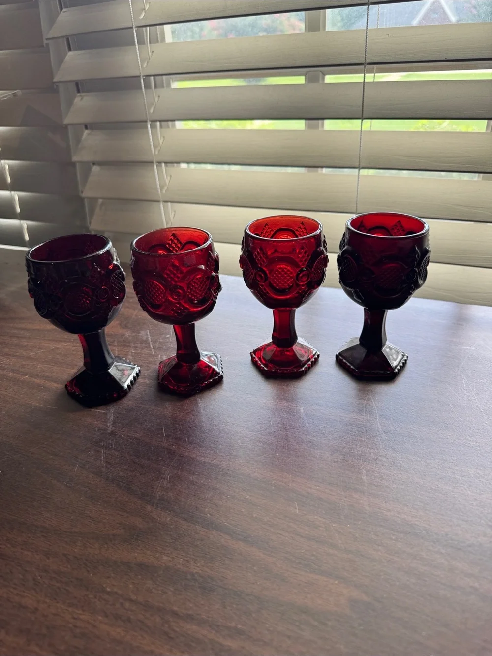 Set of 4 Ruby Red Pressed Glass Goblets